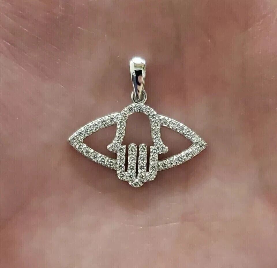 2Ct Round Cut Simulated Diamond Unisex Humsa Charm Pendant 14k White Gold Plated