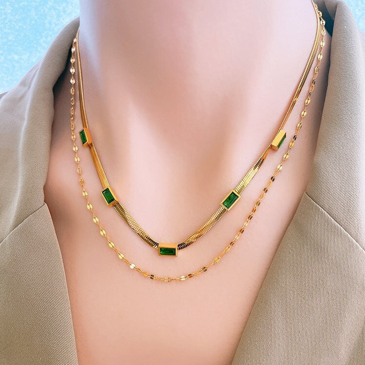 Vintage 18kgp Cubic Zircon Rectangular Double Layered Necklace