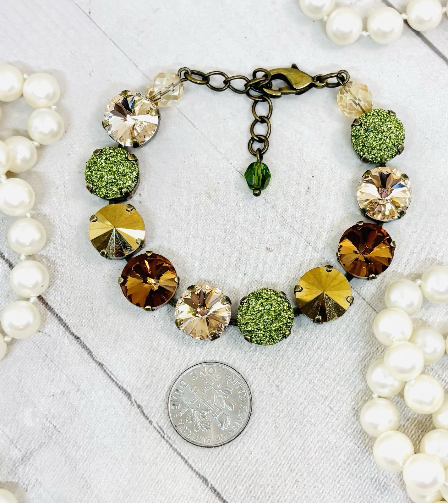Antique Brass Plated 12mm Olive Green Glitter And Golden Cup Chain Bracelet