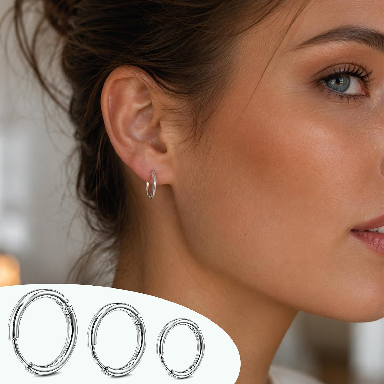 9 Pairs Stainless Steel Small Hoops Earrings, 8Mm 10Mm 12Mm Hoops Earrings Set f
