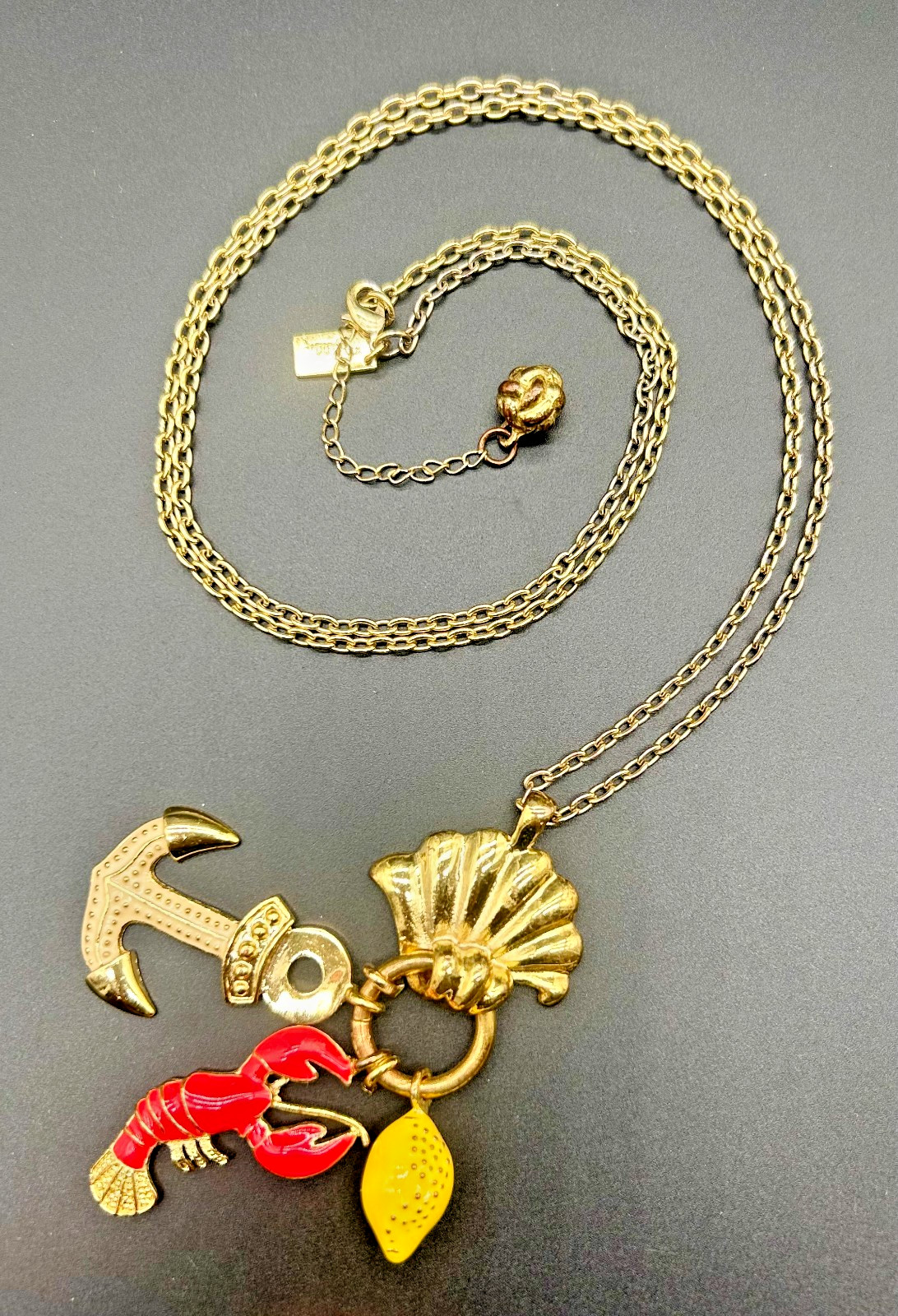 Lilly Pulitzer Nautical Charm Long Necklace Gold Tone Shell Lobster Anchor Lemon