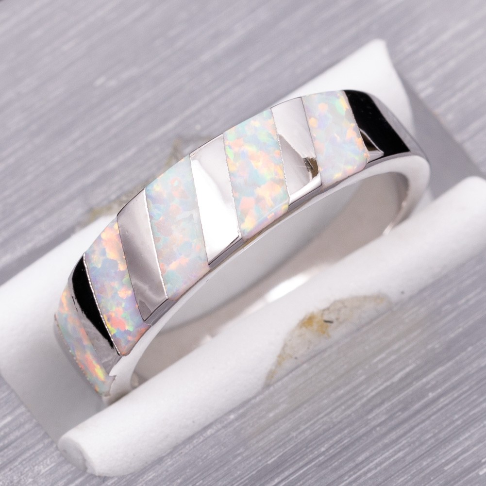 Diagonal Stripes White Fire Opal Silver Jewelry Women Band Ring Size 6 7 8 9