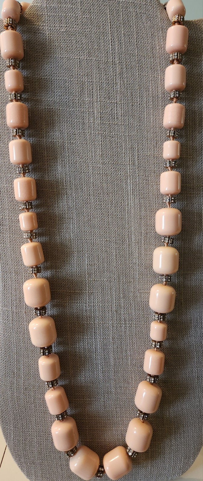 Vintage J. Crew Lt Pink/peach Barrel Bead Necklace With Rhinestone Spacers 30″