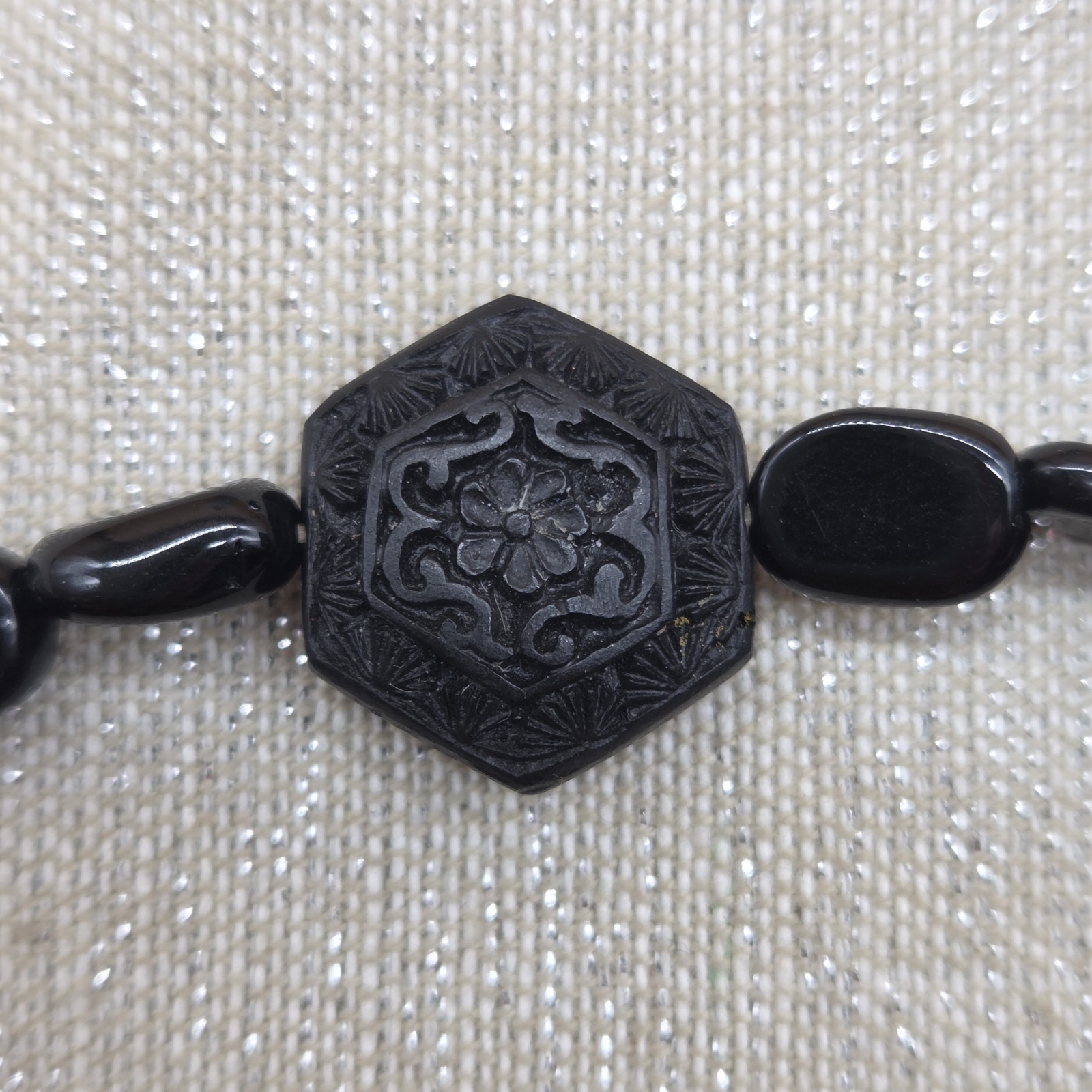Black Carved Bead Stretch Elastic Beaded Bracelet