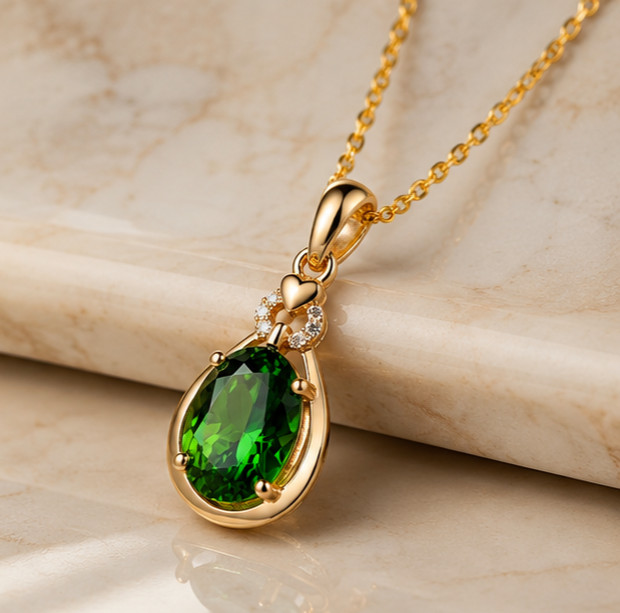 2.1ct Pear Cut Simulated Emerald/Diamond Pendant Necklace 14k Yellow Gold Plated