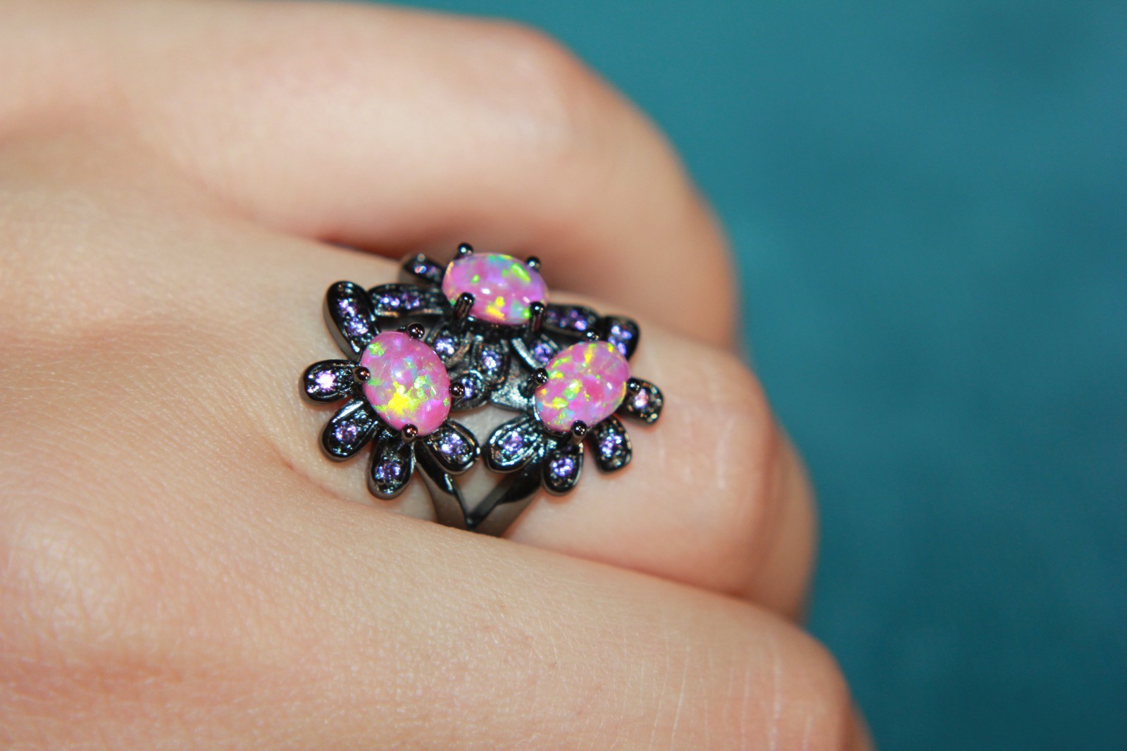 fire opal Amethyst ring gems black gold filled jewelry 6 6.5 8.5 cocktail band