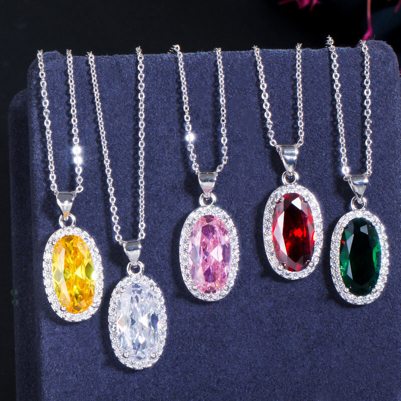 Vivid Cubic Zirconia Oval Drop Necklace Ring Earrings Silver Plated Jewelry Set