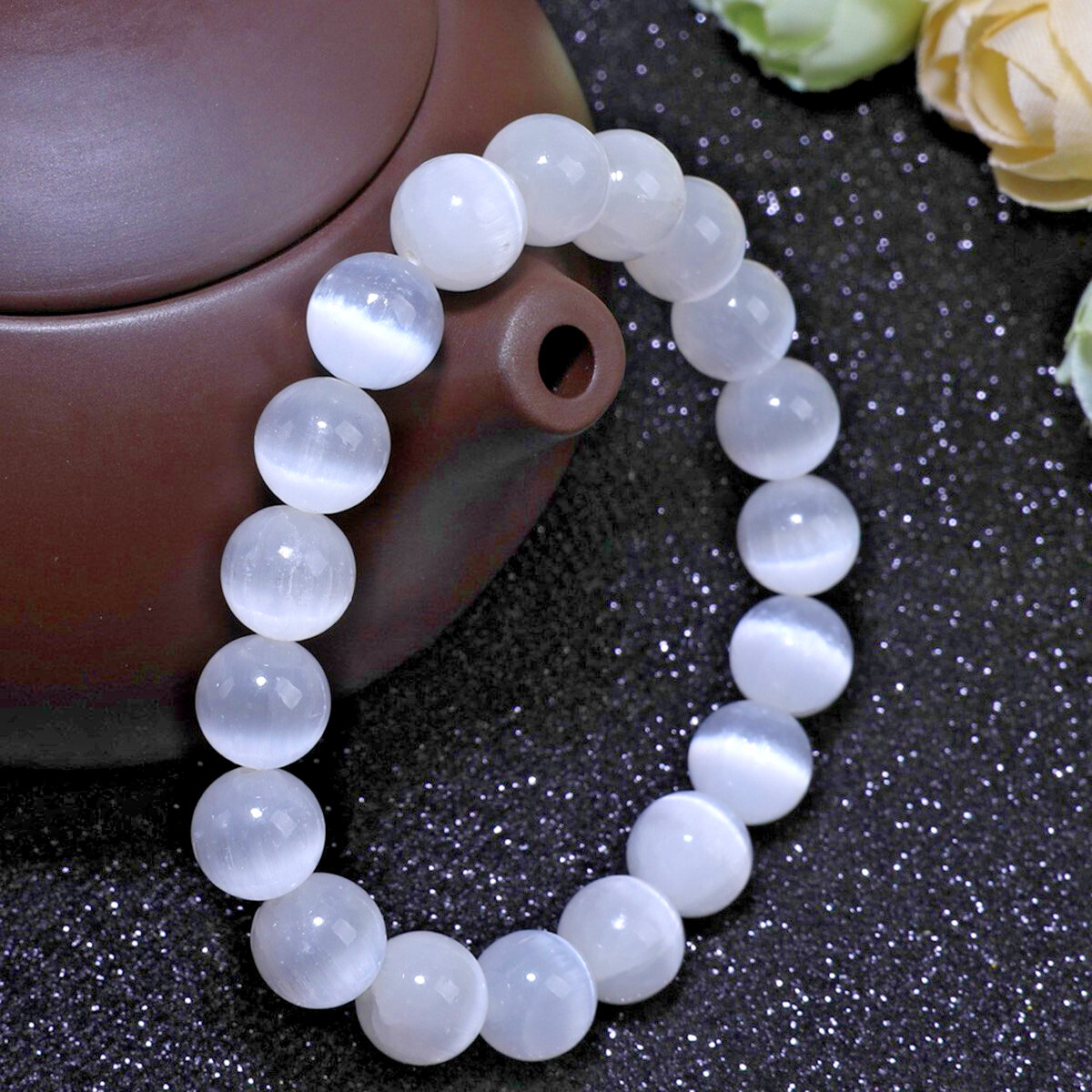 Handmade Natural Selenite Elastic Stretch Bracelet – 8mm Round Gemstone Bead