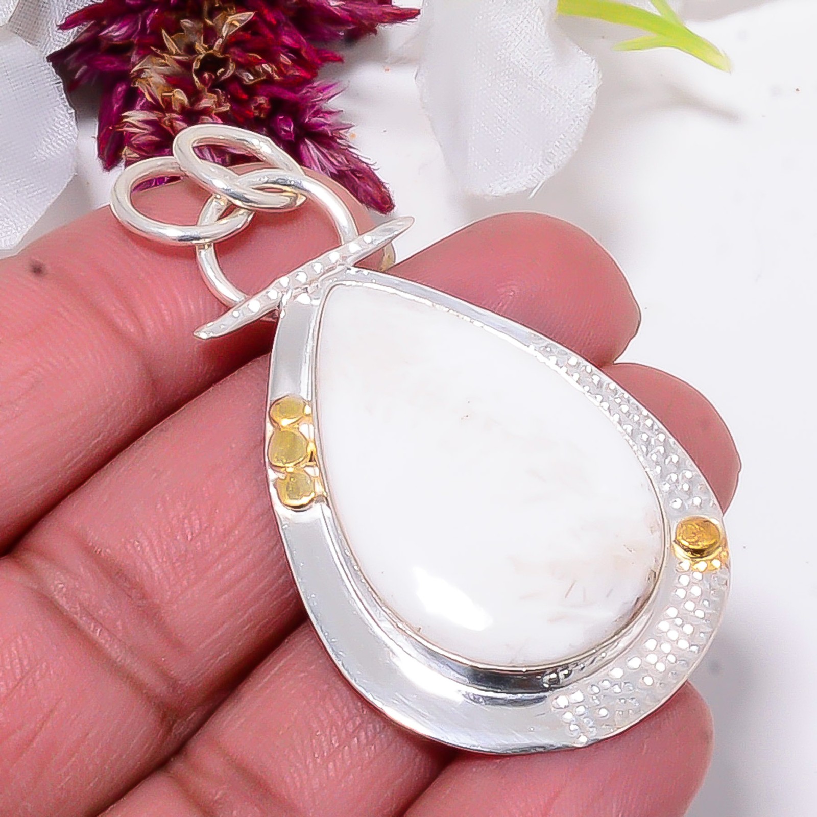 White Scolecite – India 925 Sterling Silver Two Tone Designer Pendant 2.26″ Su32