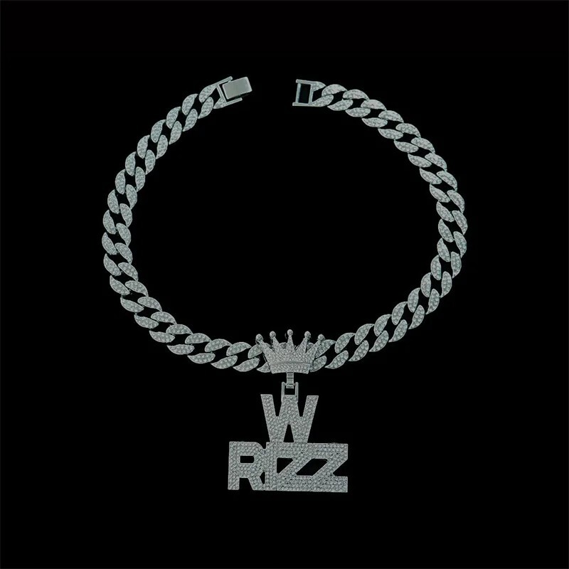 Iced W Rizz Crown Pendant Necklace CZ Bling Hip Hop Miami Cuban Link Chain Mens