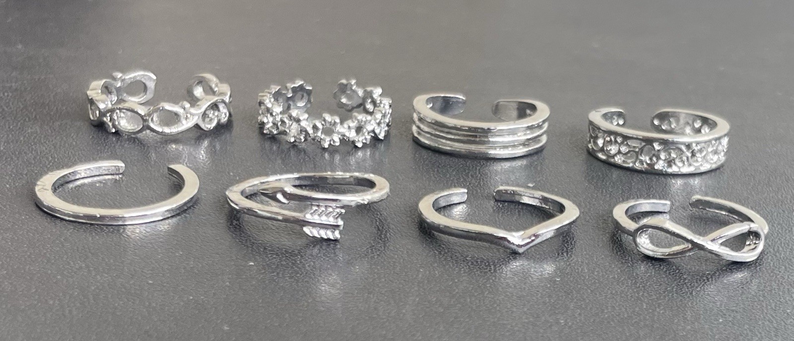 8 Silver Toe Rings Lot Adjustable + Gift Box As Shown