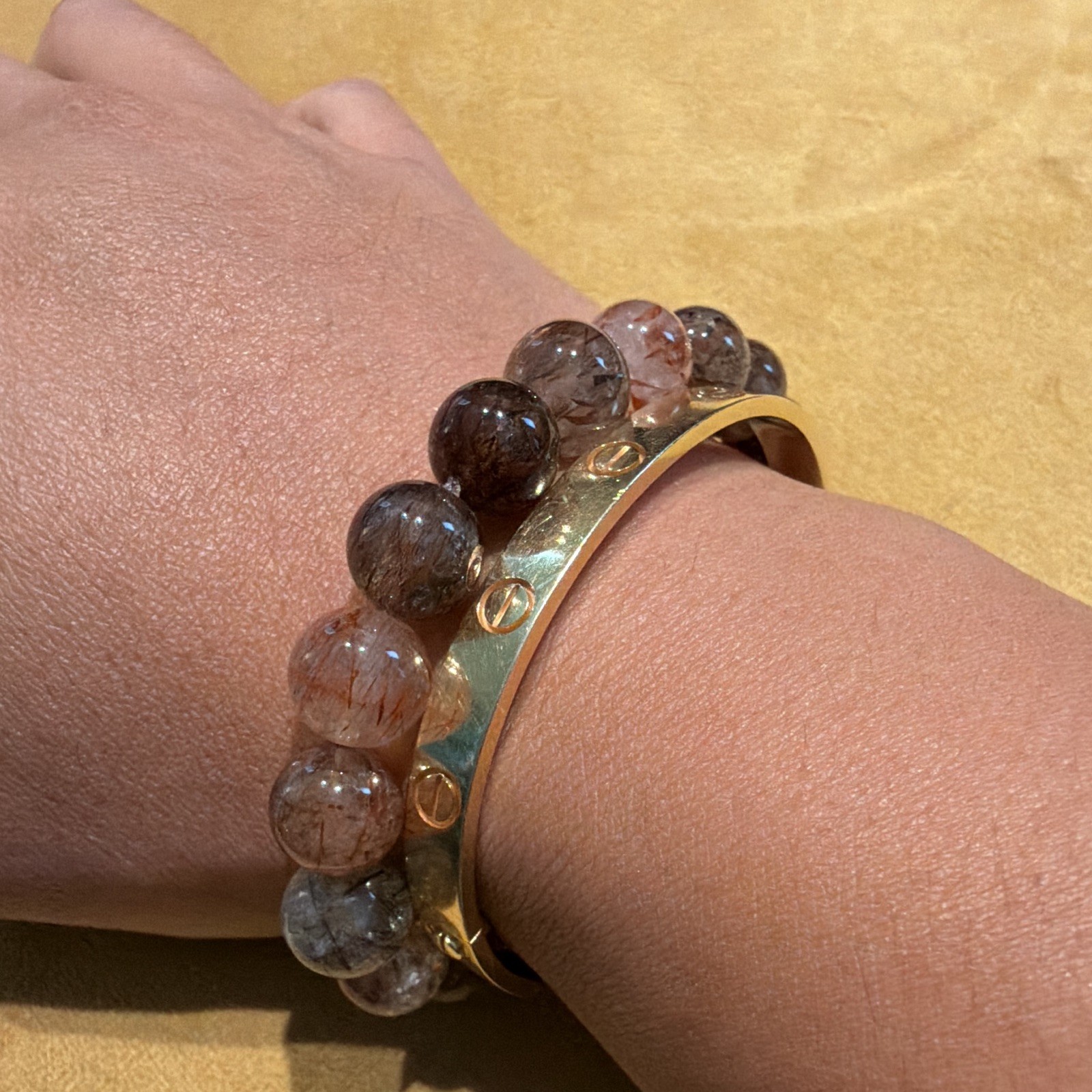Brown Gray Round Stone Beaded Stretch Bracelet Sizable Fit