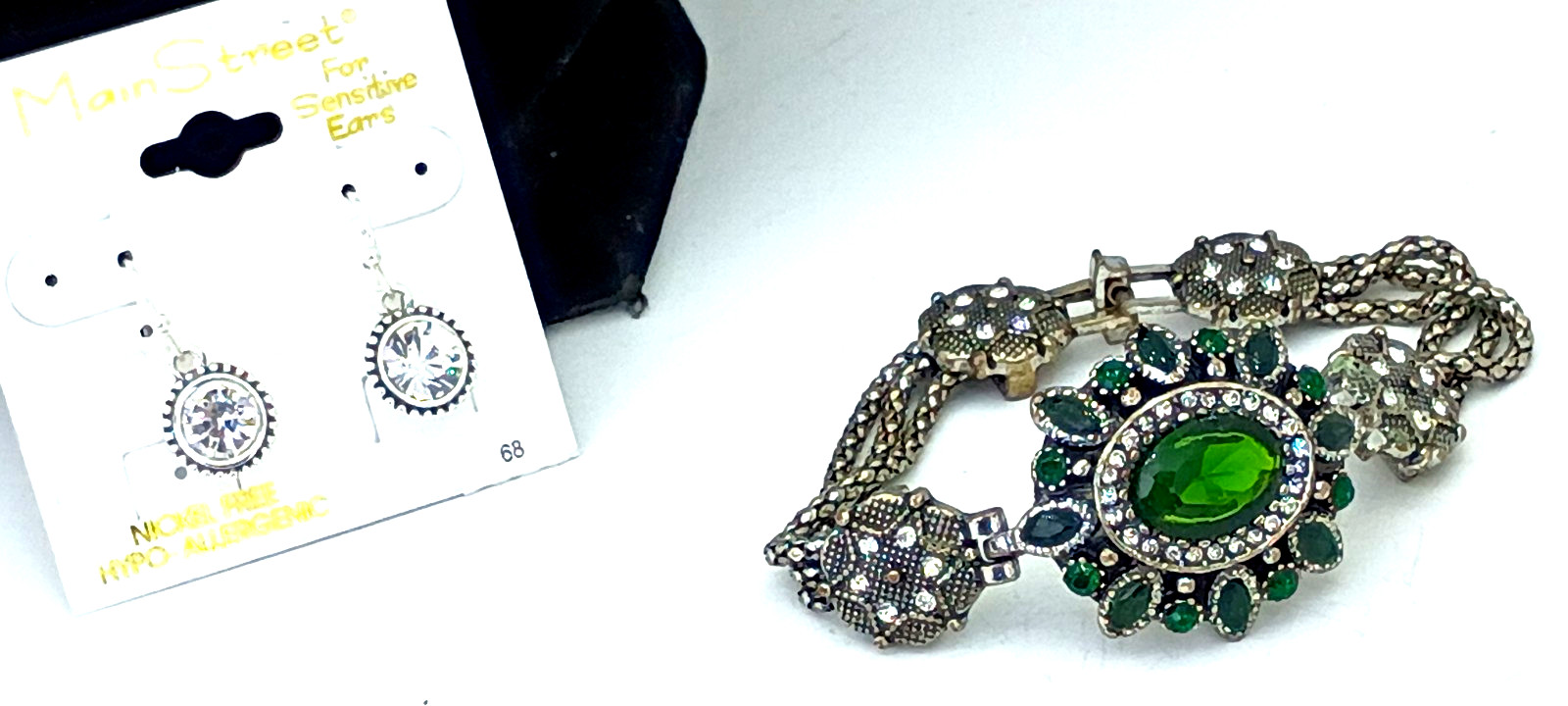Green Silver Rhinestone Bracelet & Main Street Hypo-Alergenic Pierced Earrings