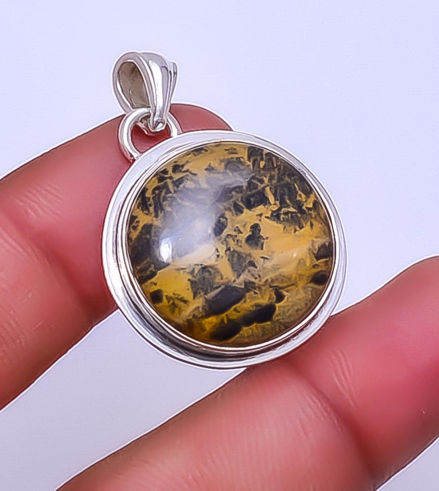 Honey Dendritic Opal – Mexico 925 Sterling Silver Handmade Pendant 1.56″ P9