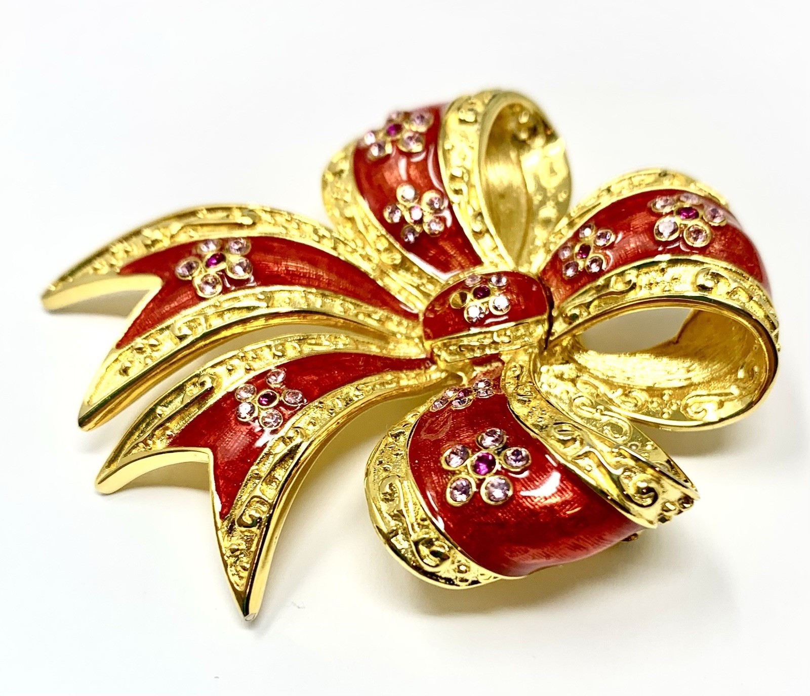 Joan Rivers Red Bow Ribbon Rhinestone Enamel Rhinestone Gold Overlay Pin Brooch