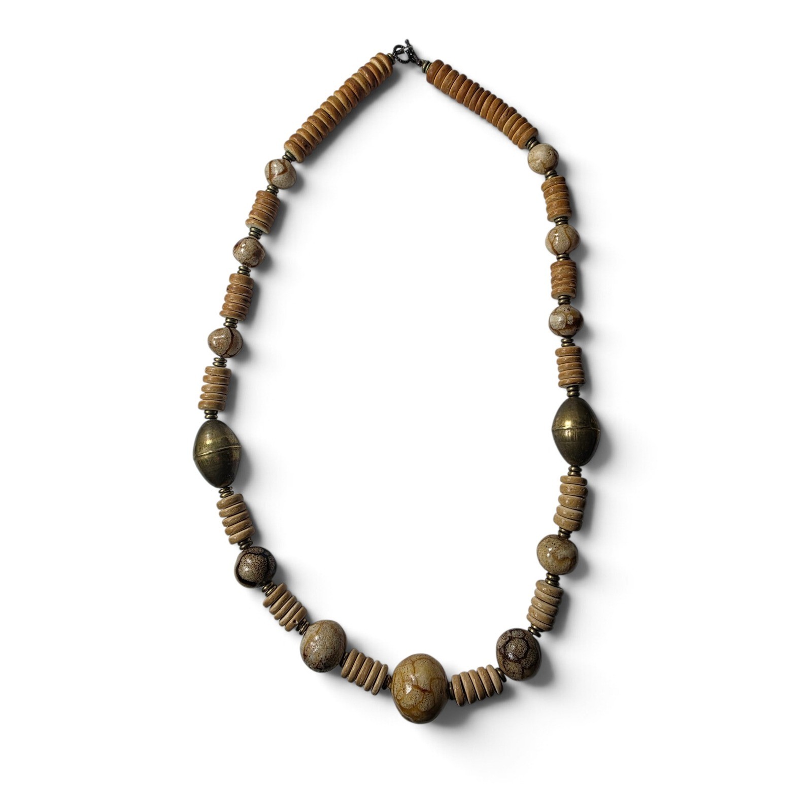 Boho Chunky Picture Jasper Bead Wooden Disc Brass Statement Necklace Bohemian