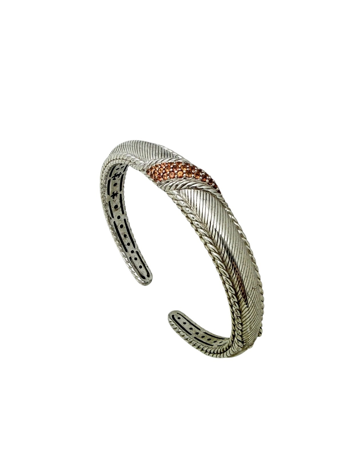 Judith Ripka Sterling Silver Orange Citrine CZ Hinged 11mm Cuff Bangle Bracelet