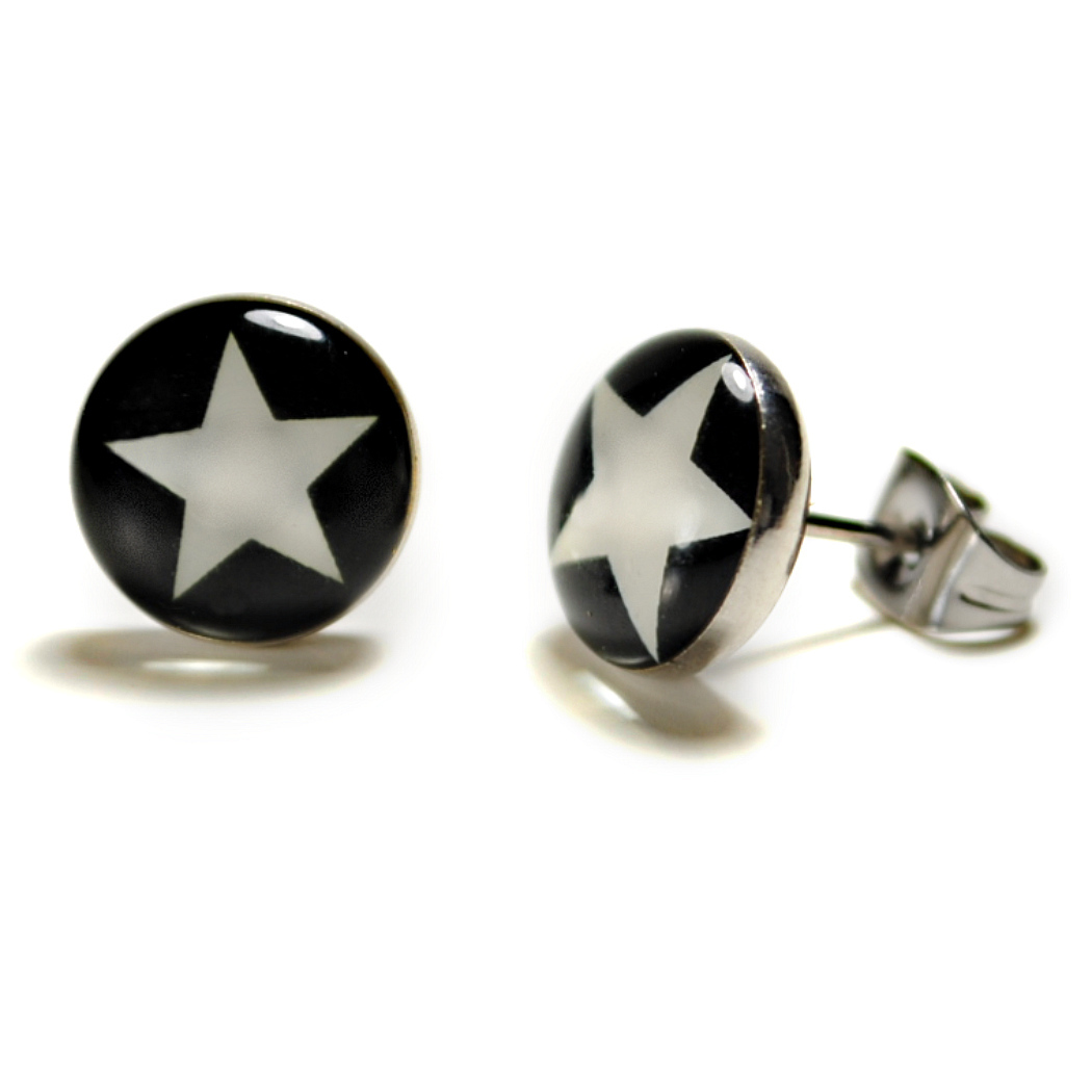 STAINLESS STEEL POST EARRINGS STAR White Black Hipster Pair Icon Stud NEW