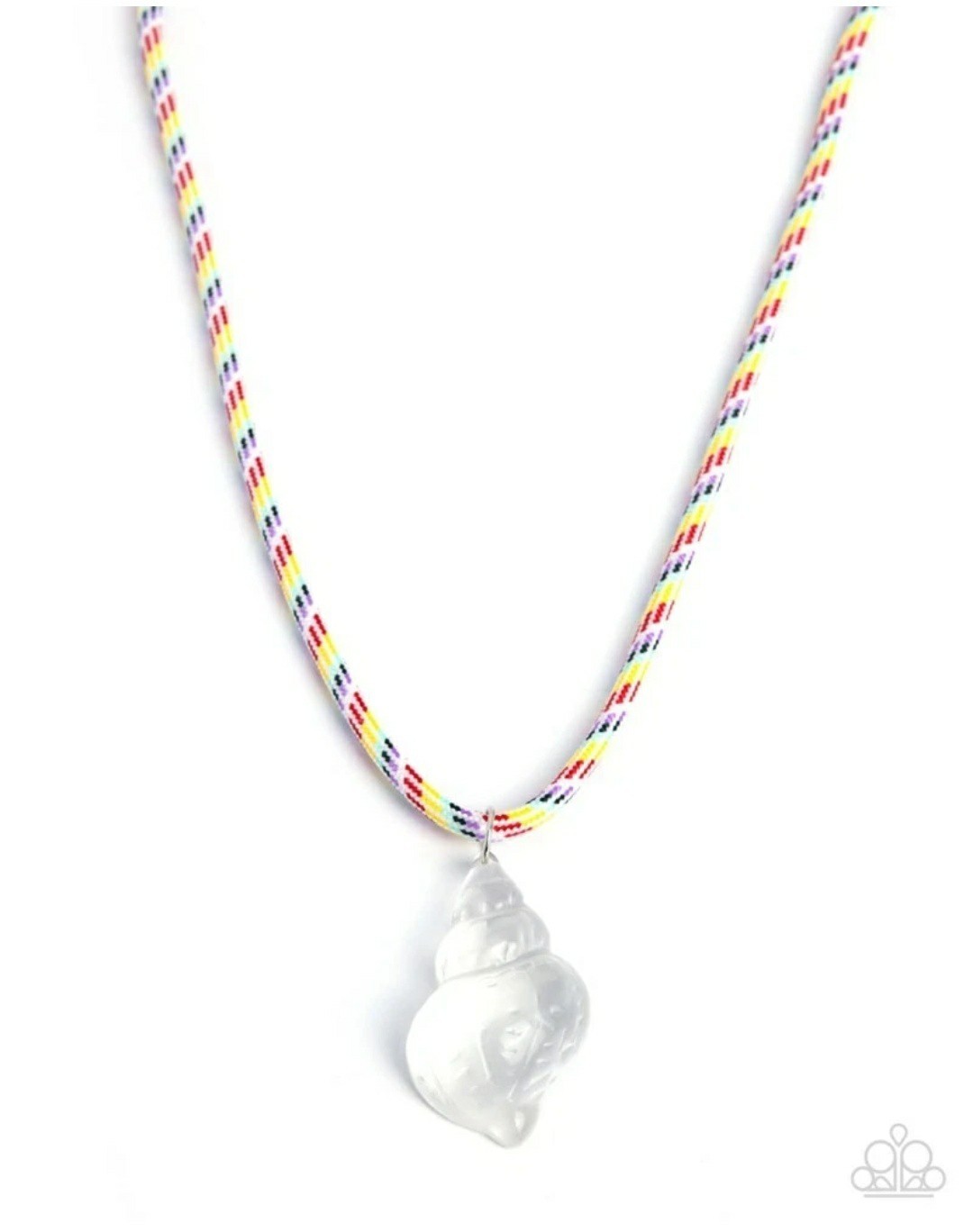 Paparazzi Swanky Shell Necklace, White w/Multicolored Cord, Transparent Seashell