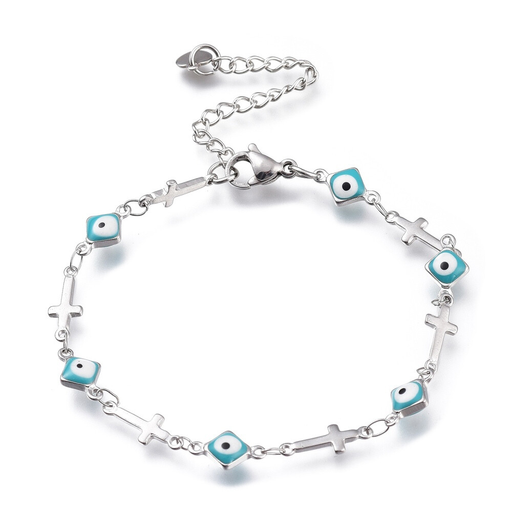 Stainless Steel Bracelet Enamel Lobster Evil Eye Cross Silver Turquoise 7″ Z191