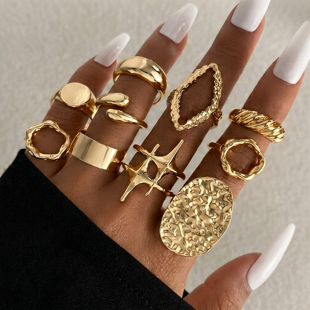 10pc Zinc Alloy Lava Line Star Ring Set Women Chunky Geometric Punk Gold