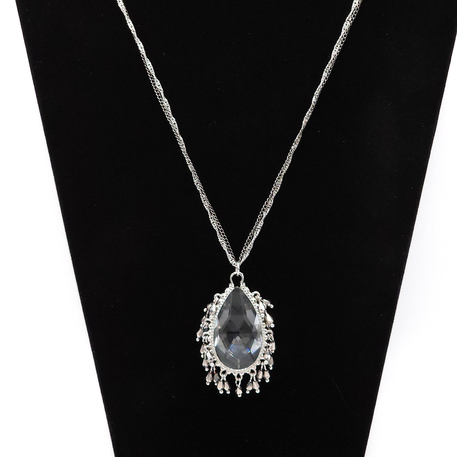 Silver Tone Crystal Teardrop Pendant Necklace Double Strand Adjustable 32-35in