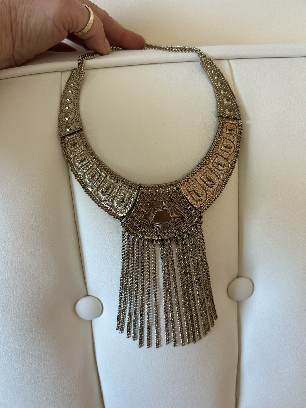 Silver Tone Bohemian Bib Fringe Tassel Statement Necklace Boho Tribal 18in