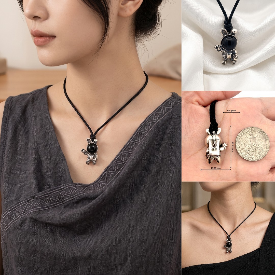 Cute Vintage Astronaut Pendant Sterling Silver Brass Charm Pendant Necklace