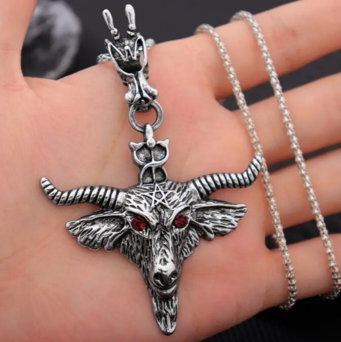 Large Goat Head Satanic Pentagram Pendant Necklace Baphomet Devil Demonic
