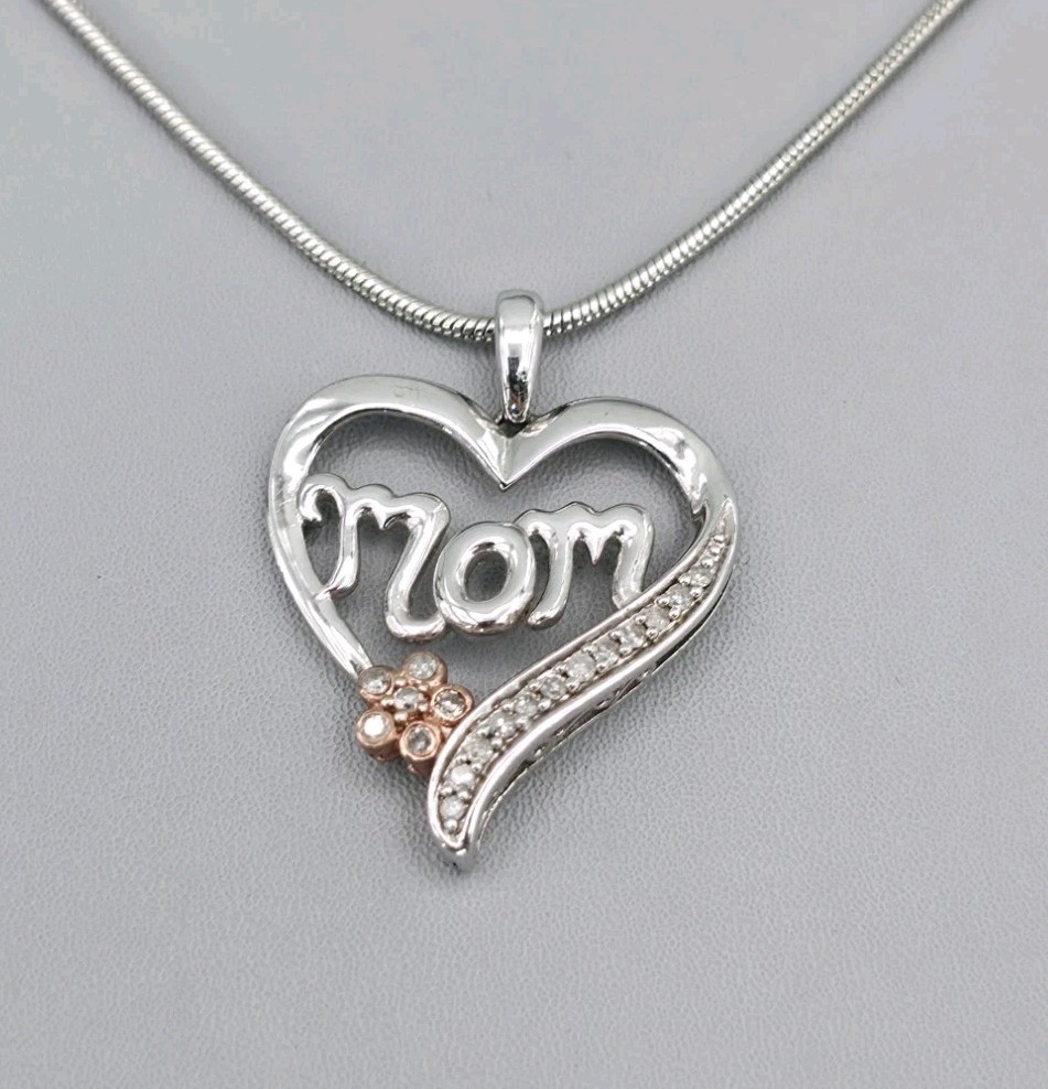 Sterling Silver Mom Heart Pendant Rhinestone Signed SAI 1/7 TW