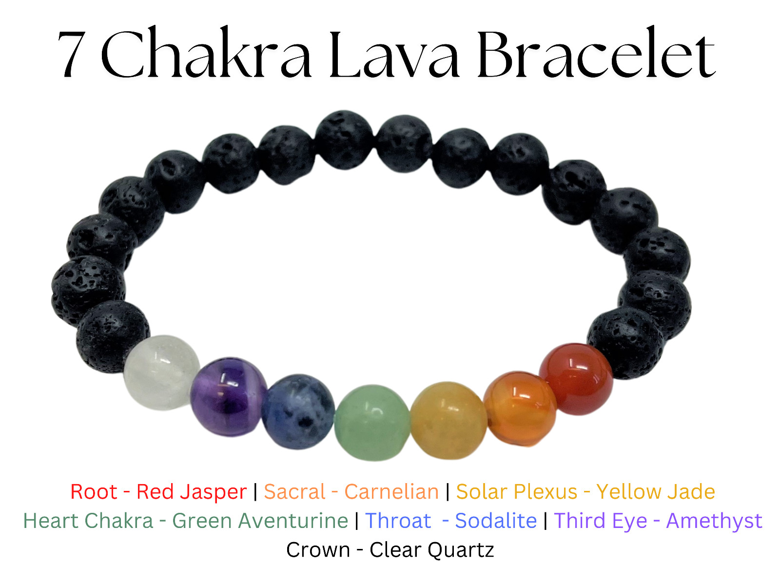 7 Chakra Lava Rock Bead Bracelet: 8 mm Round Crystals (Chakra Stretch Bracelet)