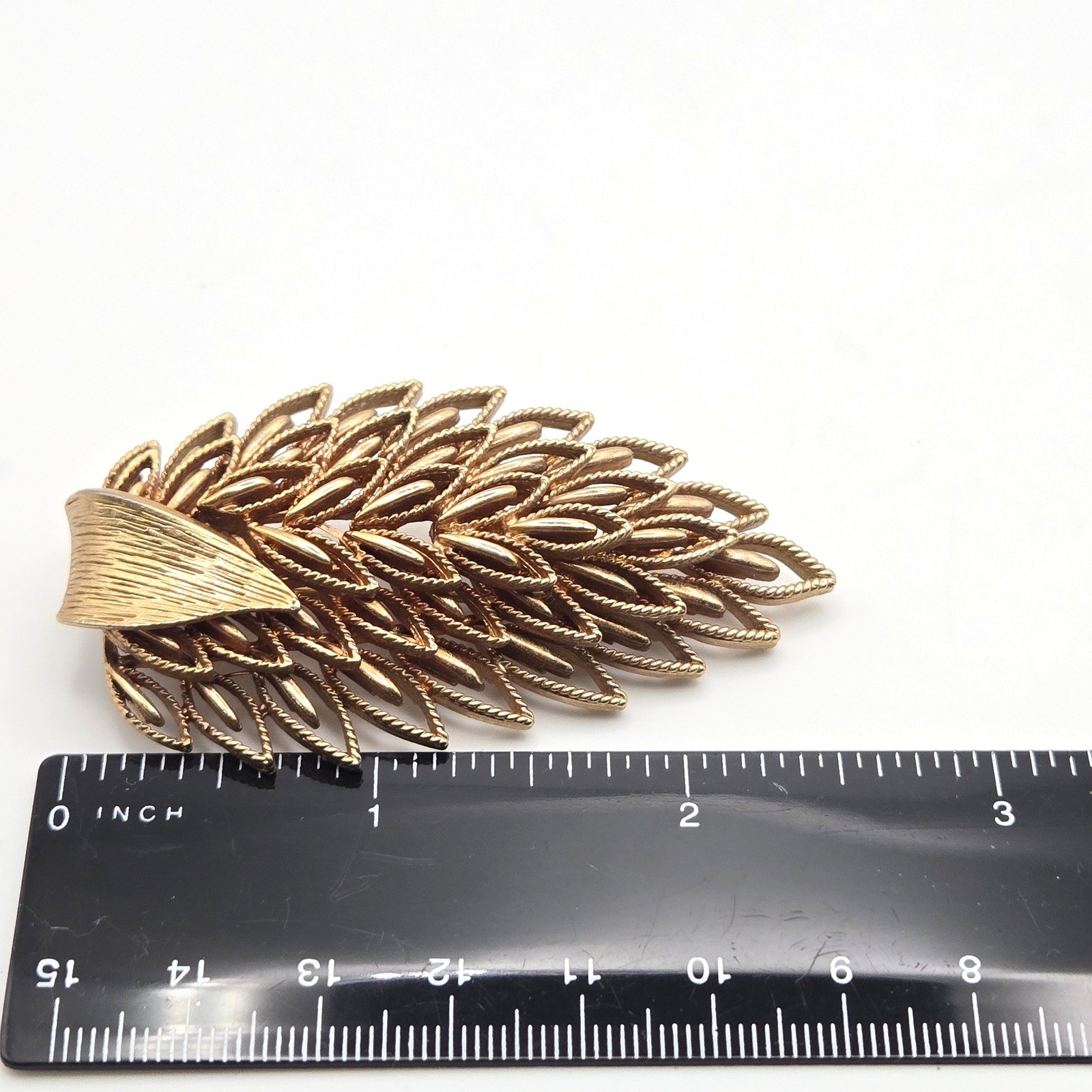 Vintage SA Samsan 10k Gold Plated Peacock Feather Leaf Brooch Pin Art Deco Style