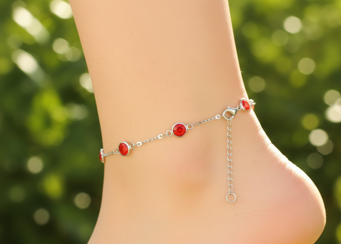 925 Silver Plated Ruby Anklet Minimalist Silver Tone Brass Designer Anklet