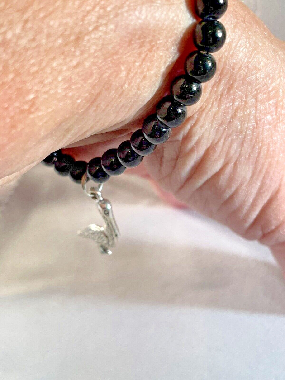 Pelican Silver charm Black Pearl Bracelet Stretch Bead Jewelry Handcrafted NEW