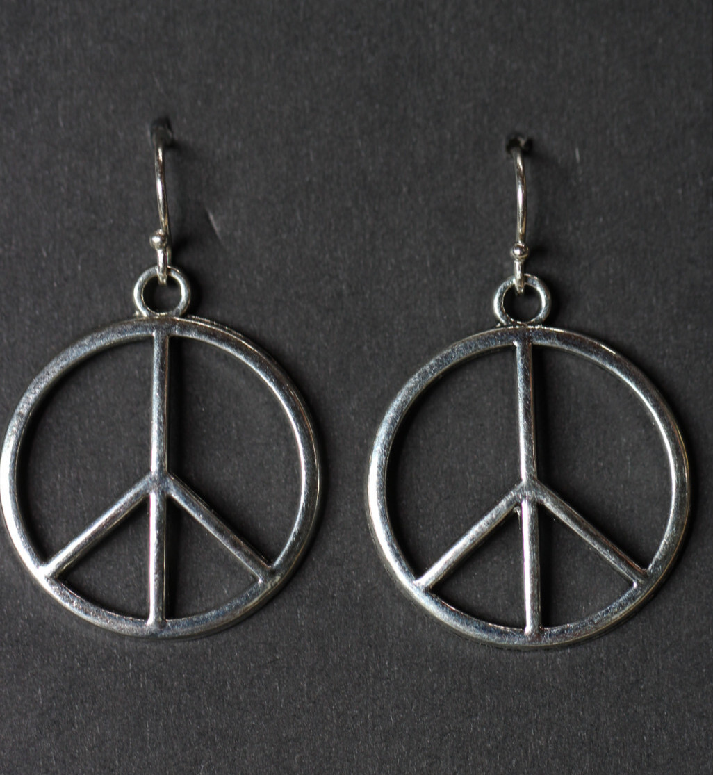 Peace Sign Charm Earrings Hippie 1960s 925 Sterling Silver Hooks Pewter Charms