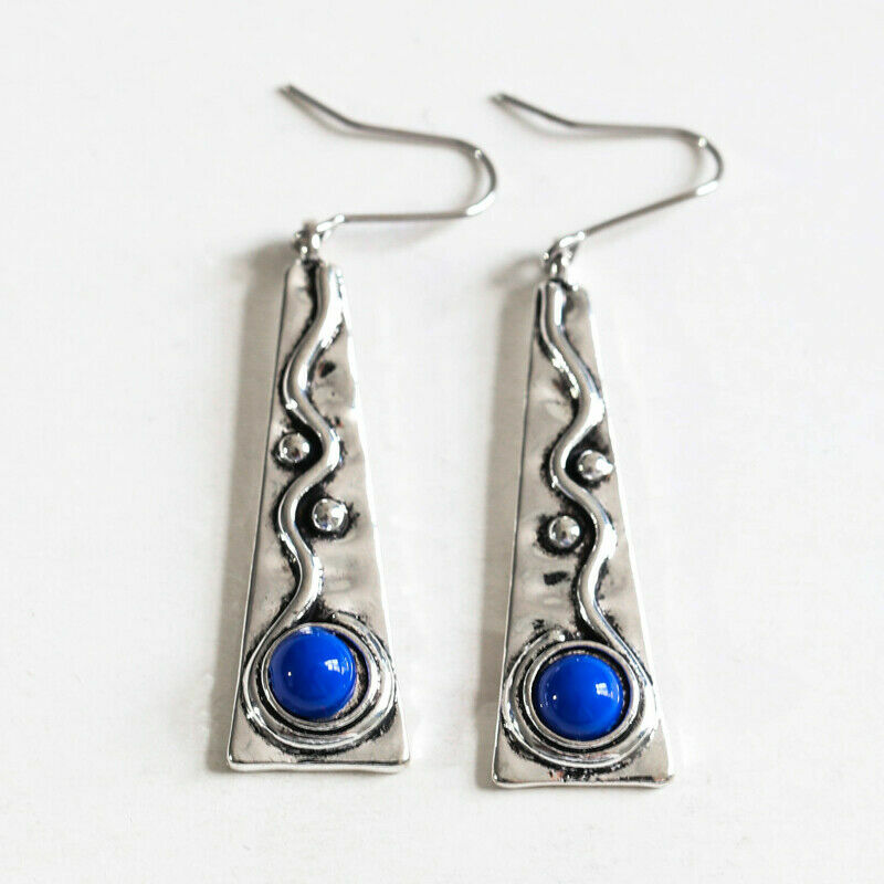 Oxidized Silver Plated Blue Lapis Triangle Fashion Jewelry Hook Dangle Earrings