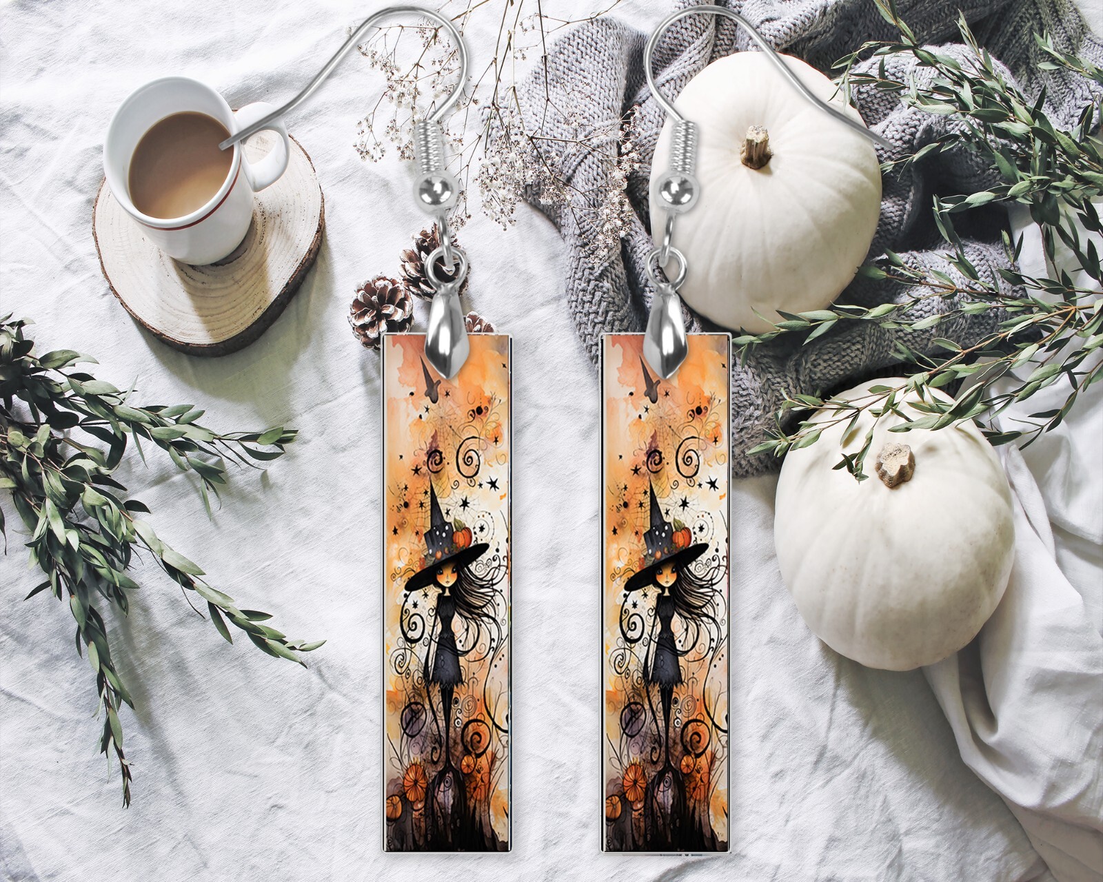 Earrings, Halloween Witch Girl Wood Bar Printed Earrings Jewelry