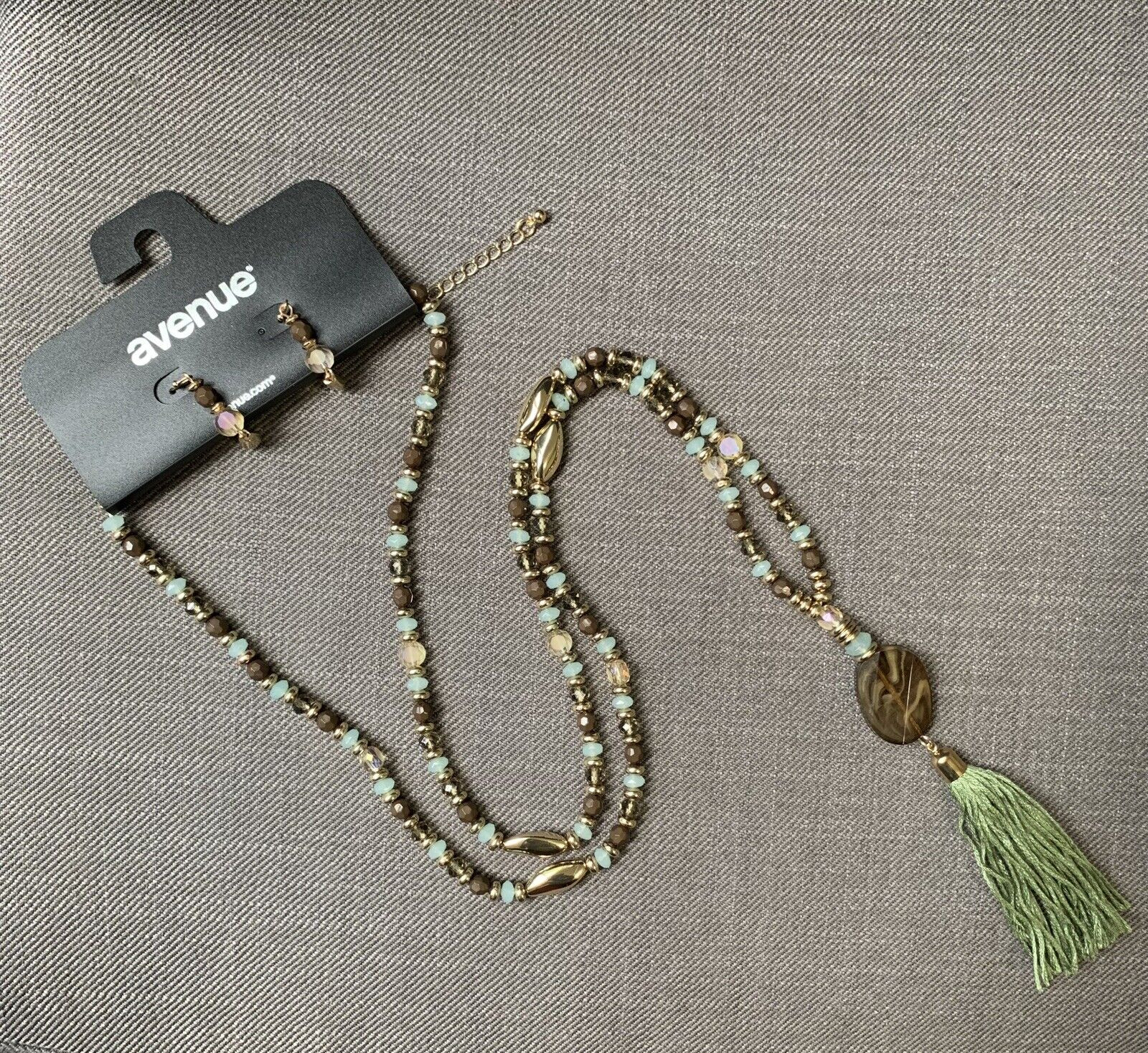 Avenue Long Beaded Necklace and Earrings Set Green/Purple/Gold Tone Tassel 39″
