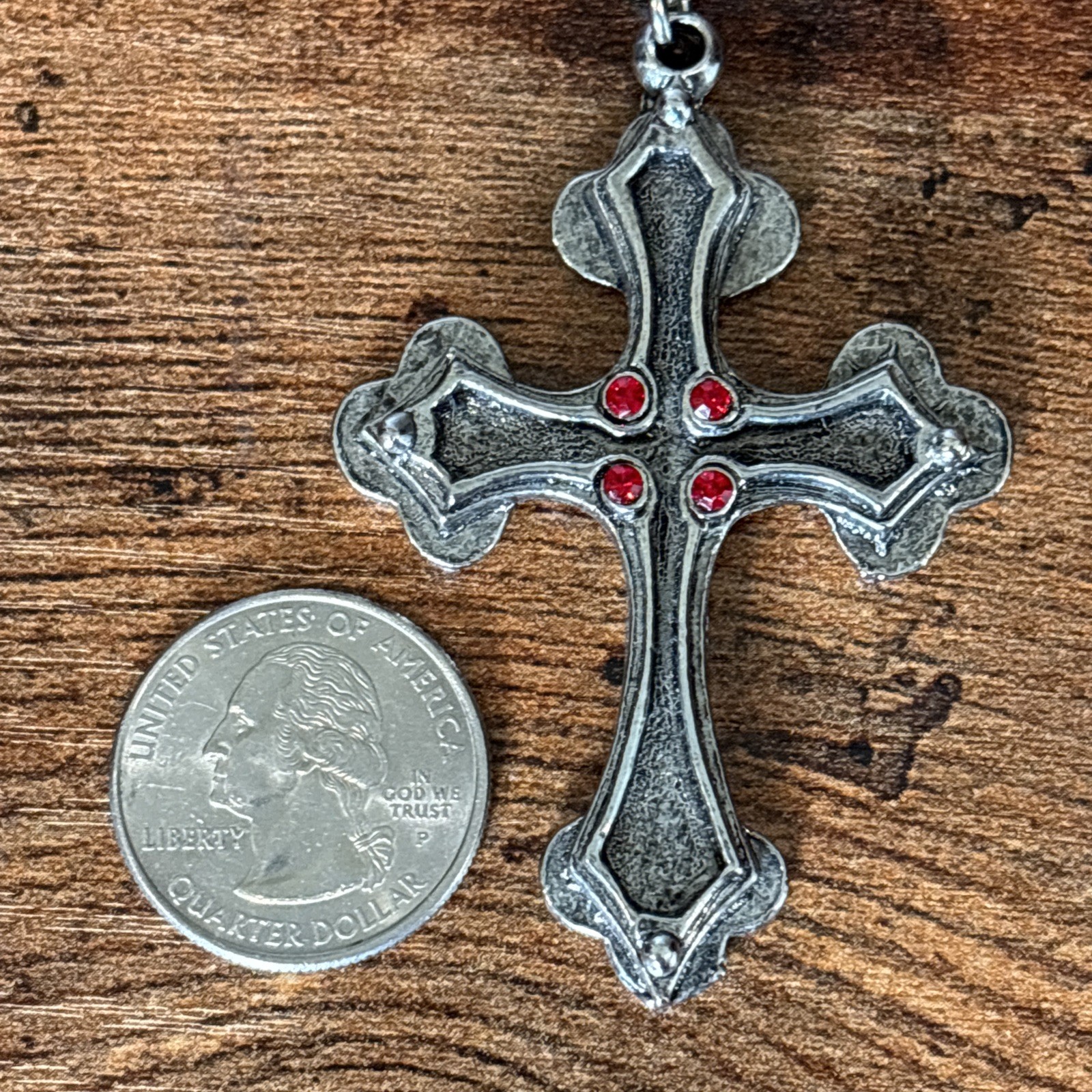JPI Gothic Biker Medieval Silvertone Cross Red Rhinestones 19″ Chain Necklace