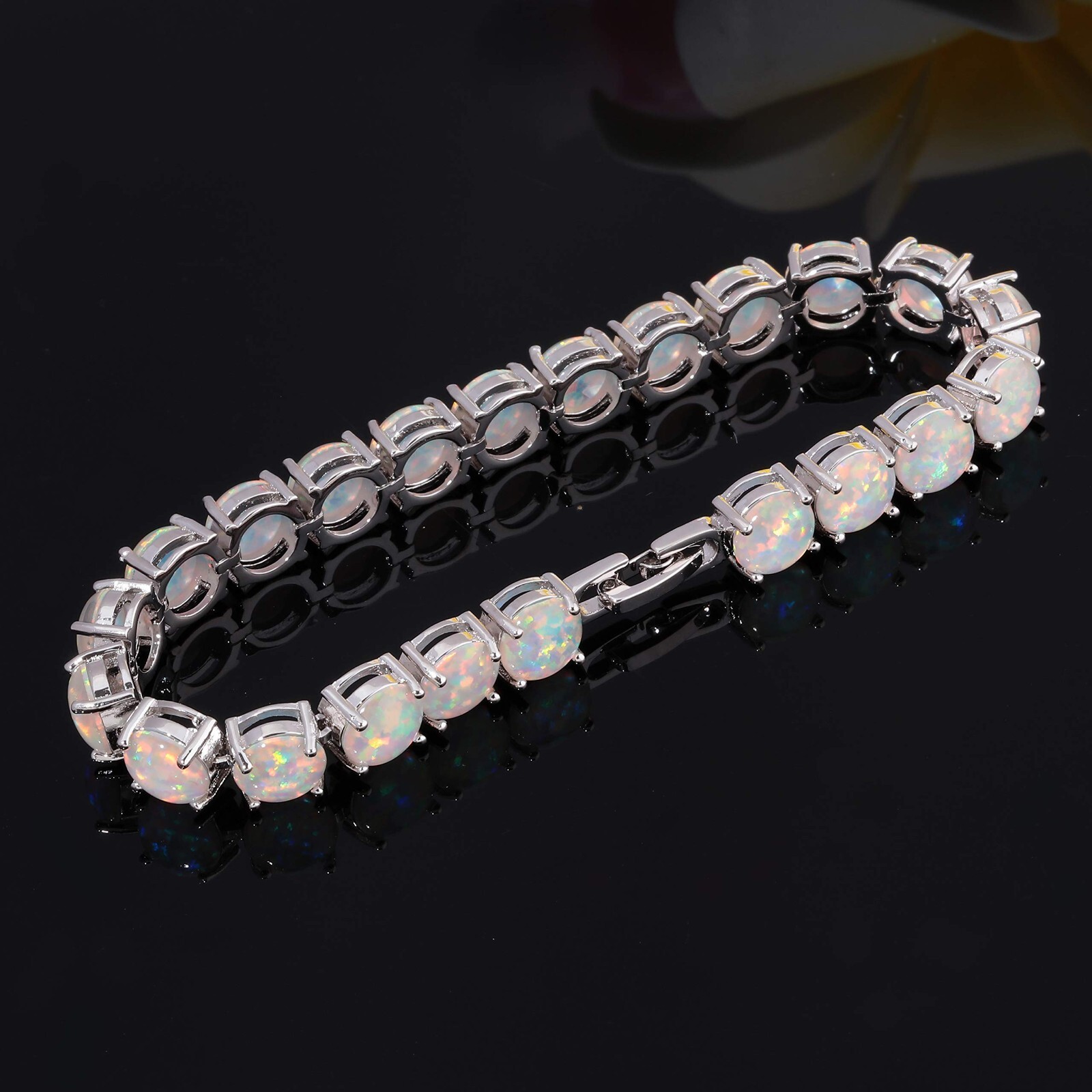 Vikoly Blue/White/Orange/Pink Round 925 Sterling Sliver Fire Opal Bracelet 18cm