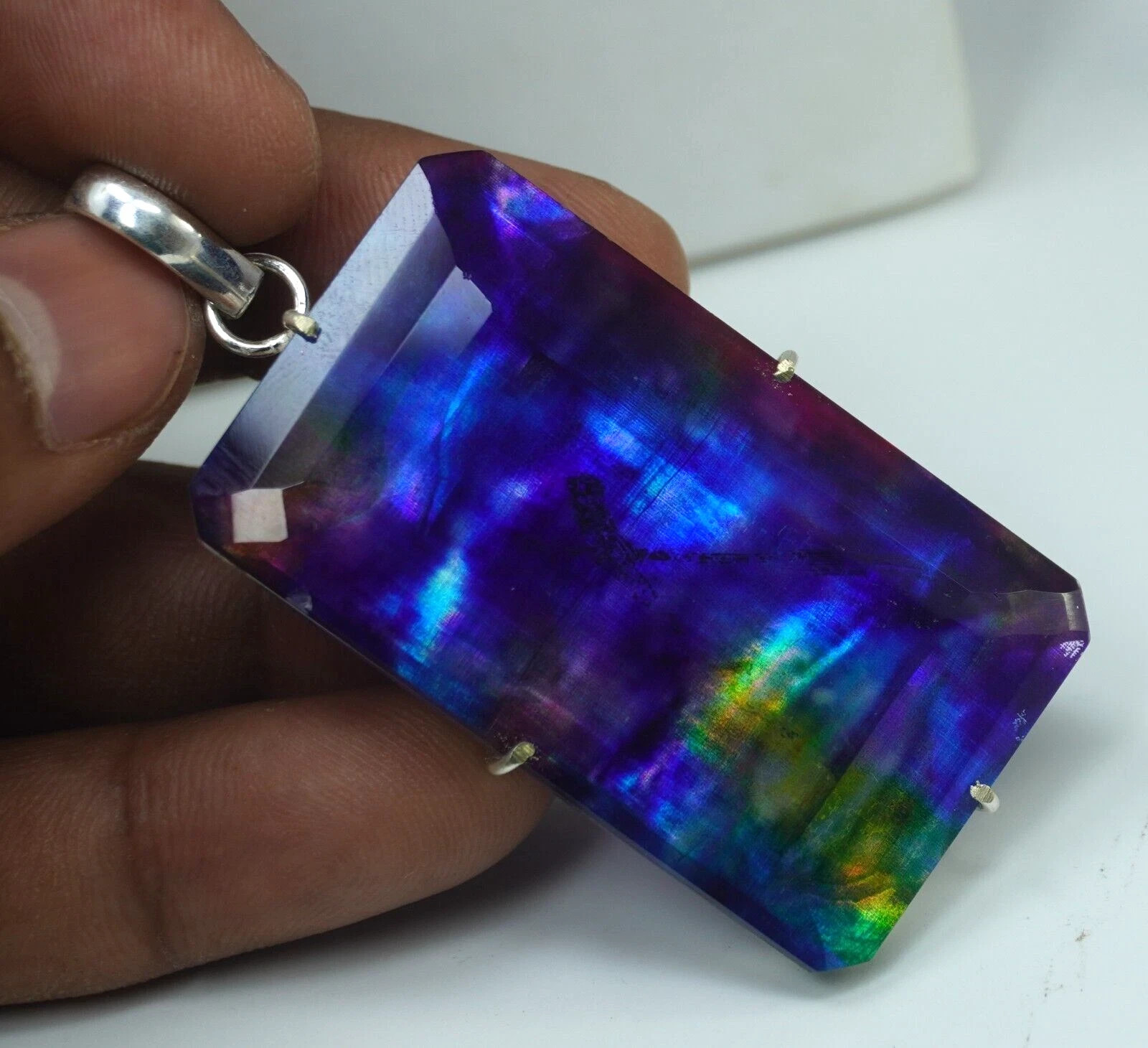 Certified 90 Ct Natural Ammolite 925 Solid Silver Rainbow Pendant Gemstone