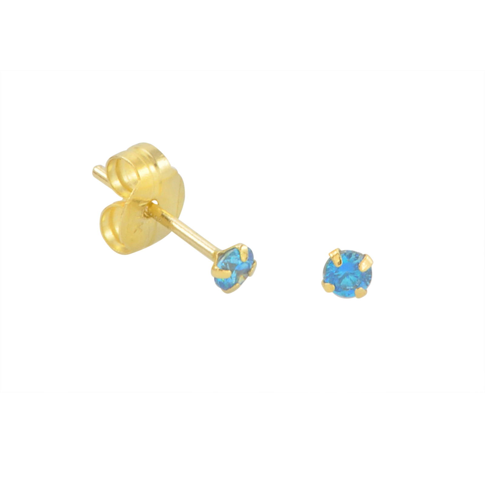 Blue Topaz and10k Yellow Gold Stud Earrings CZ Cubic Zircon Round Prong Pushback