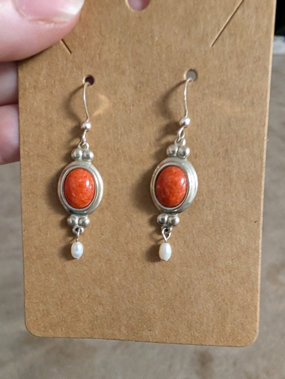925 Silver Dangle Earrings Oval Orange Coral Cabochon Bezel Pearl French Wire