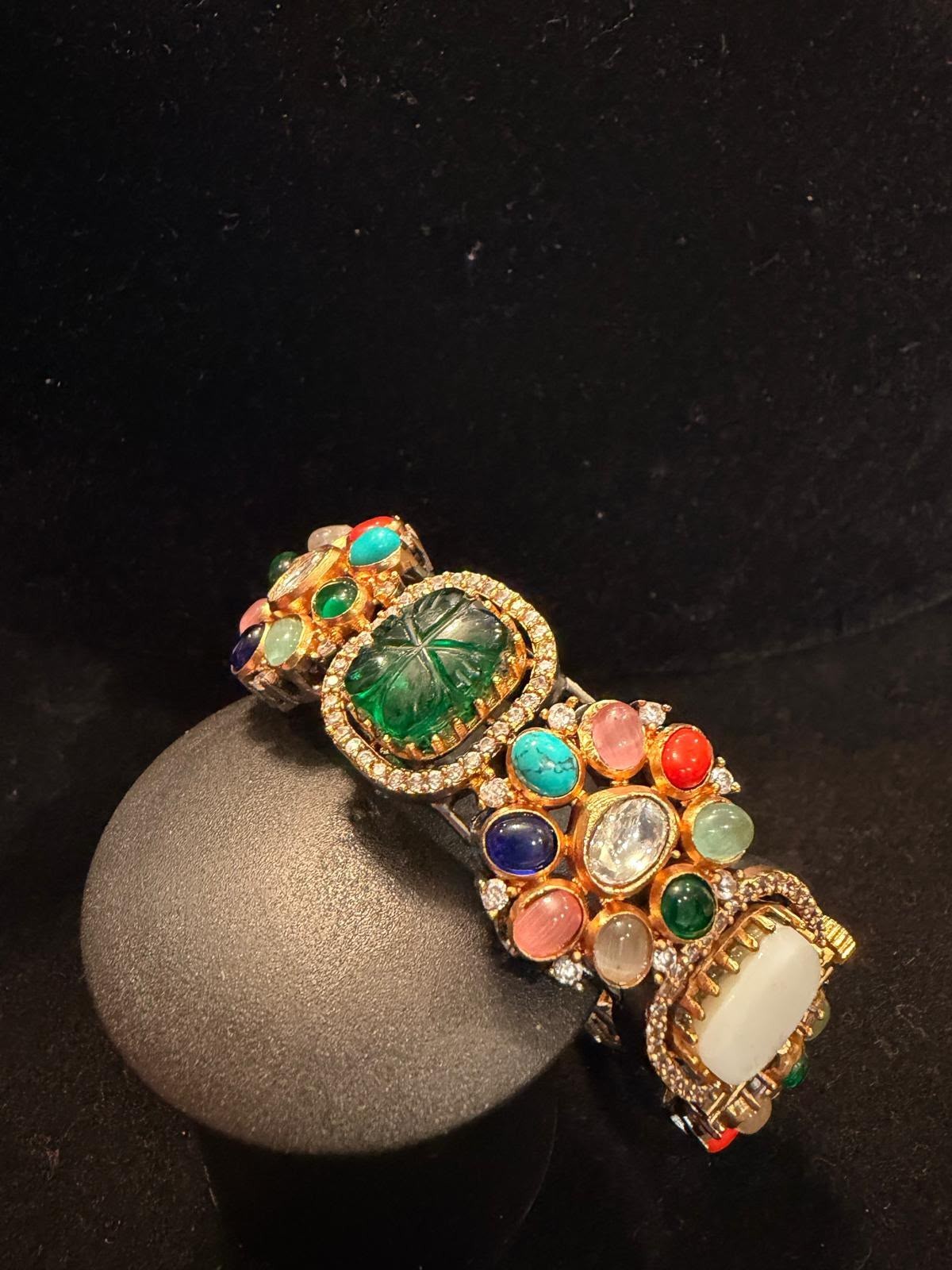 Navratan Openable Kada Bracelet, Sabyasachi Inspired Cuff, Multicolor Gemstone