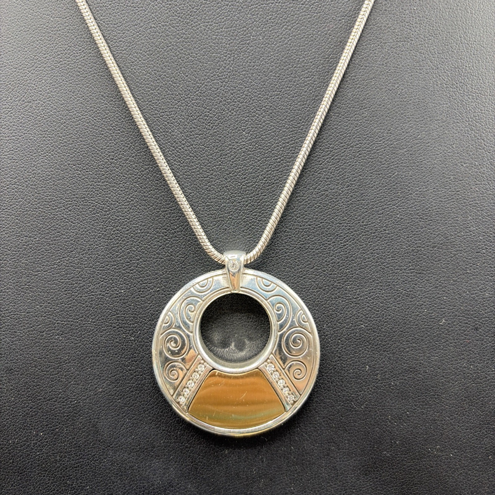 Brighton Shadow Play Reversible Pendant Necklace Silver/Gold Black Enamel 16-18”