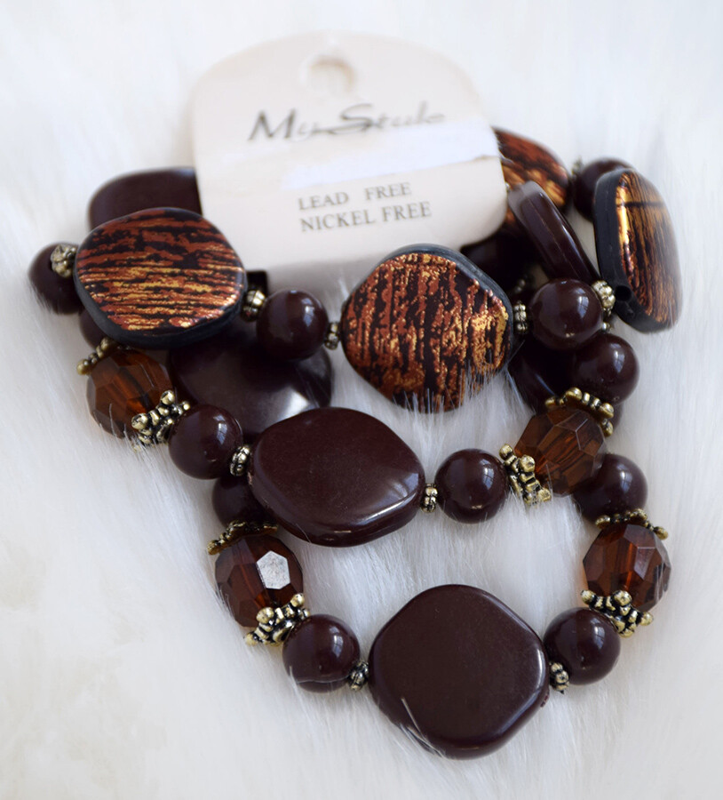 My Style Triple-Strand Stretch Bracelet Brown Nickel-Free Boutique Jewelry, NEW