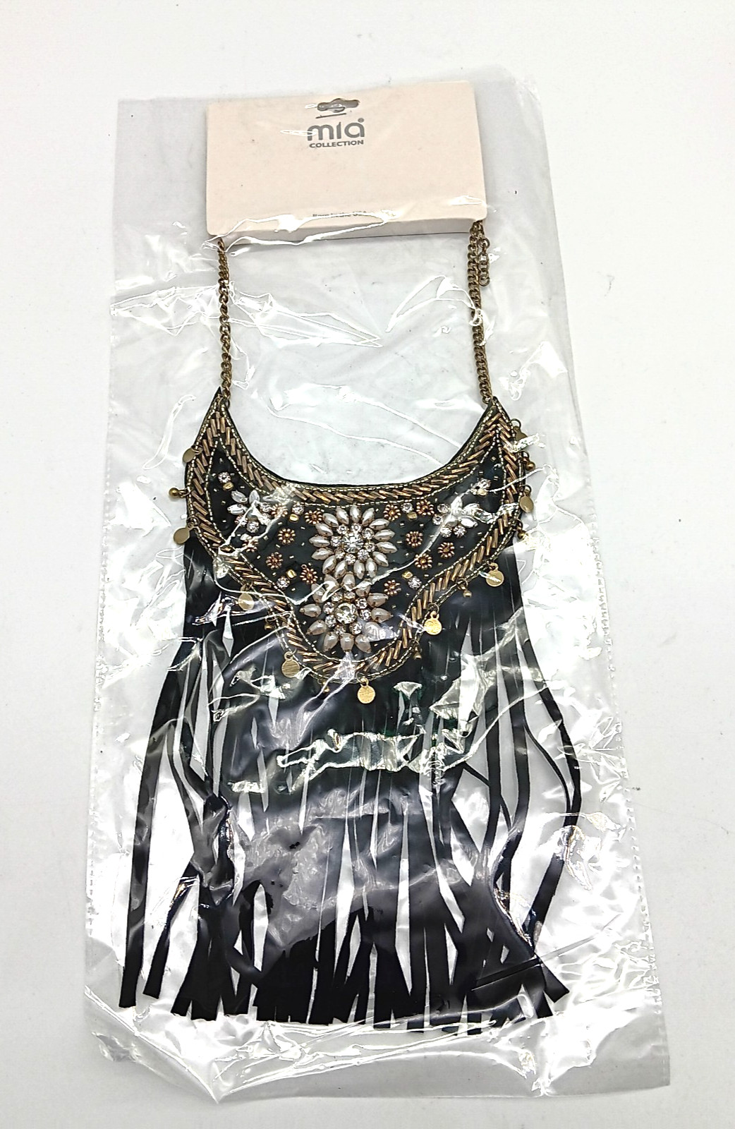 Black Tassles Fashion Necklace Bib With Rhinestones Beaded Gold & Pearl Accents