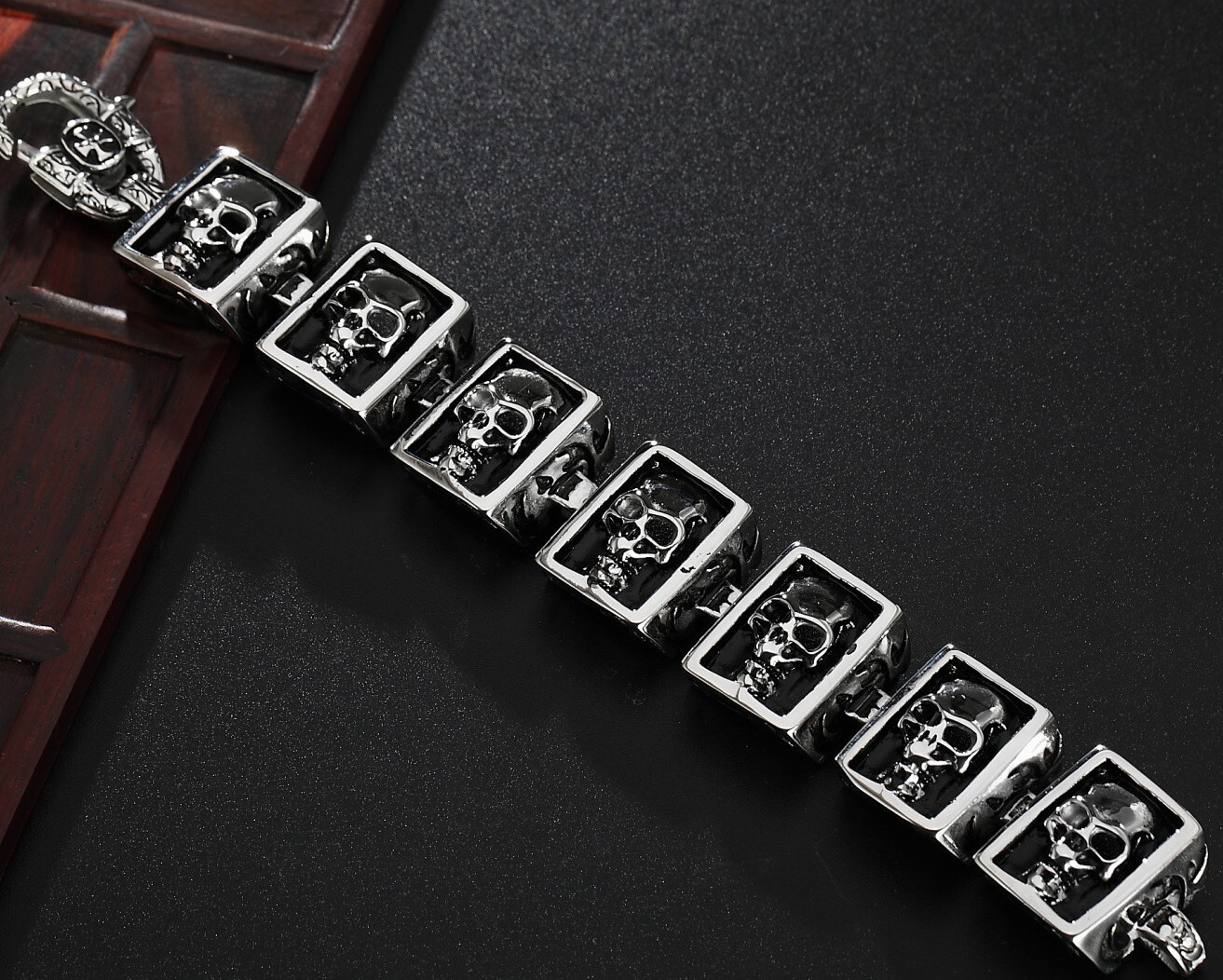 Biker Punk Rocker Square Skull Stainless teel Bracelet Halloween 8.5″ US Seller