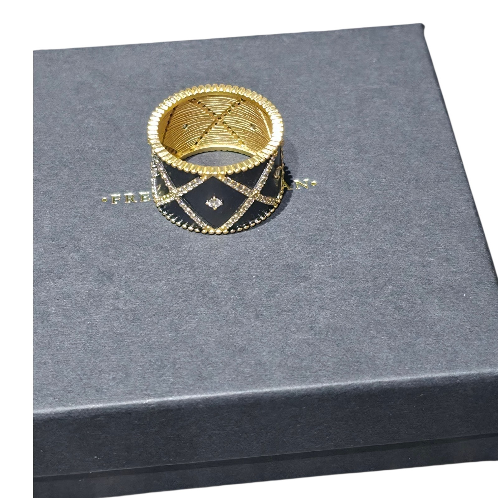Freida Rothman All-Time Favorite Cigar Band Ring Black Gold Tone CZ Statement R