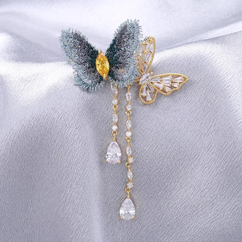 Elegant Embroidered Fabric Zircon Fringe Butterfly Brooch Fashion Suit Pin